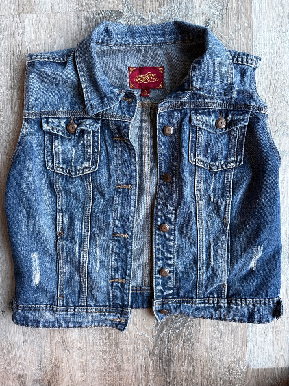 One 5 One Denim Vest — Blue Distressed Jean Vest sz l